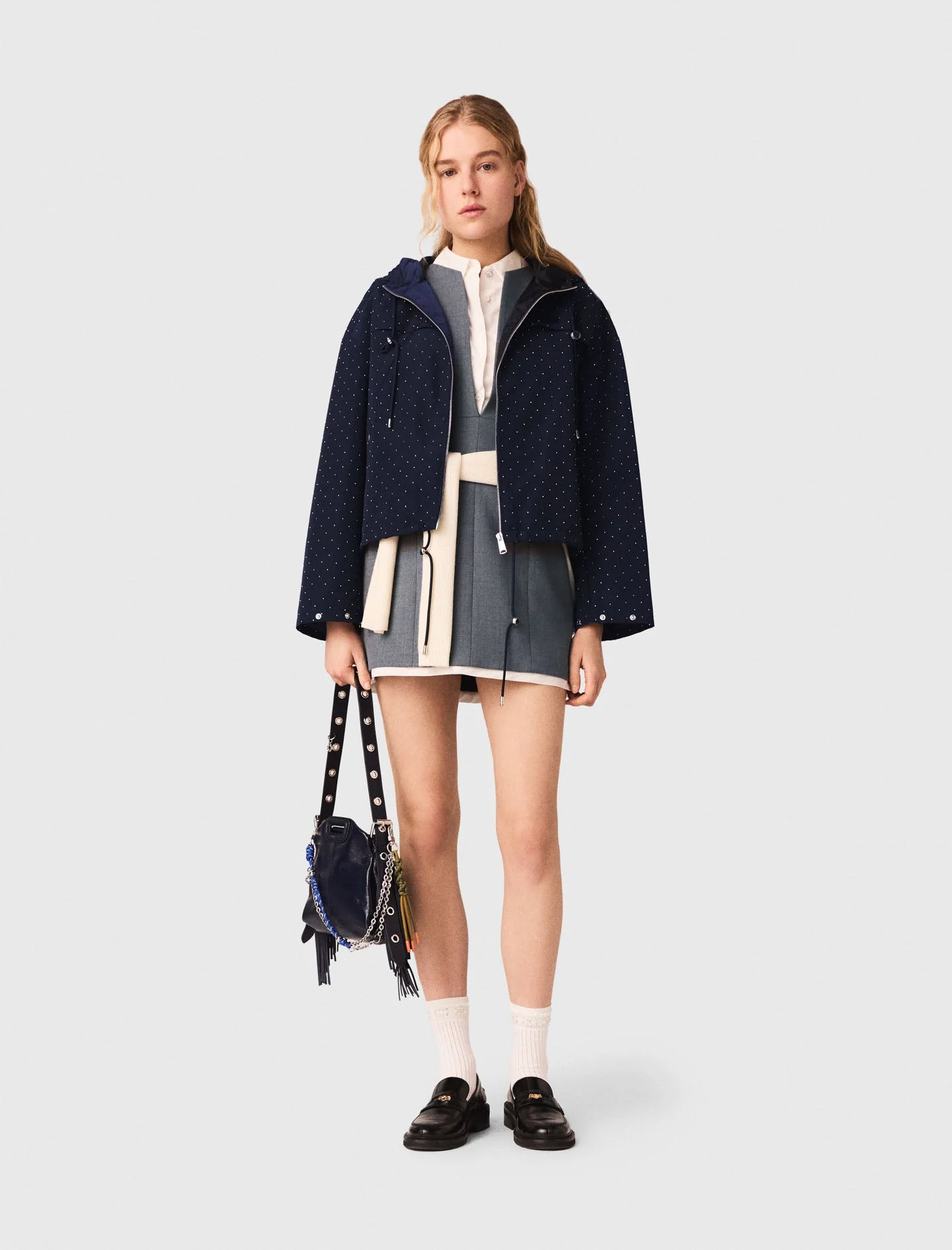 Hooded windbreaker with rhinestones