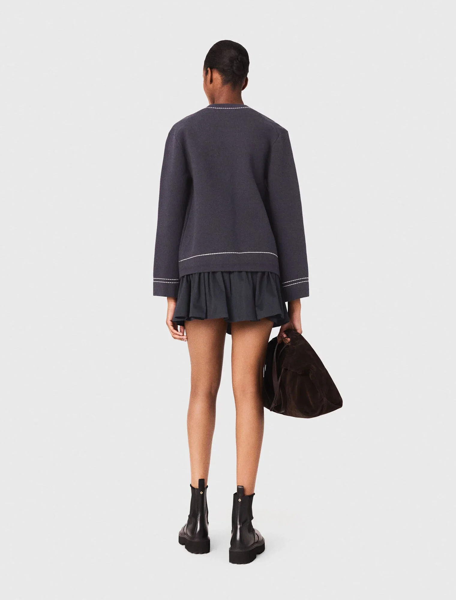 Long topstitched knit cardigan Navy - Image 3