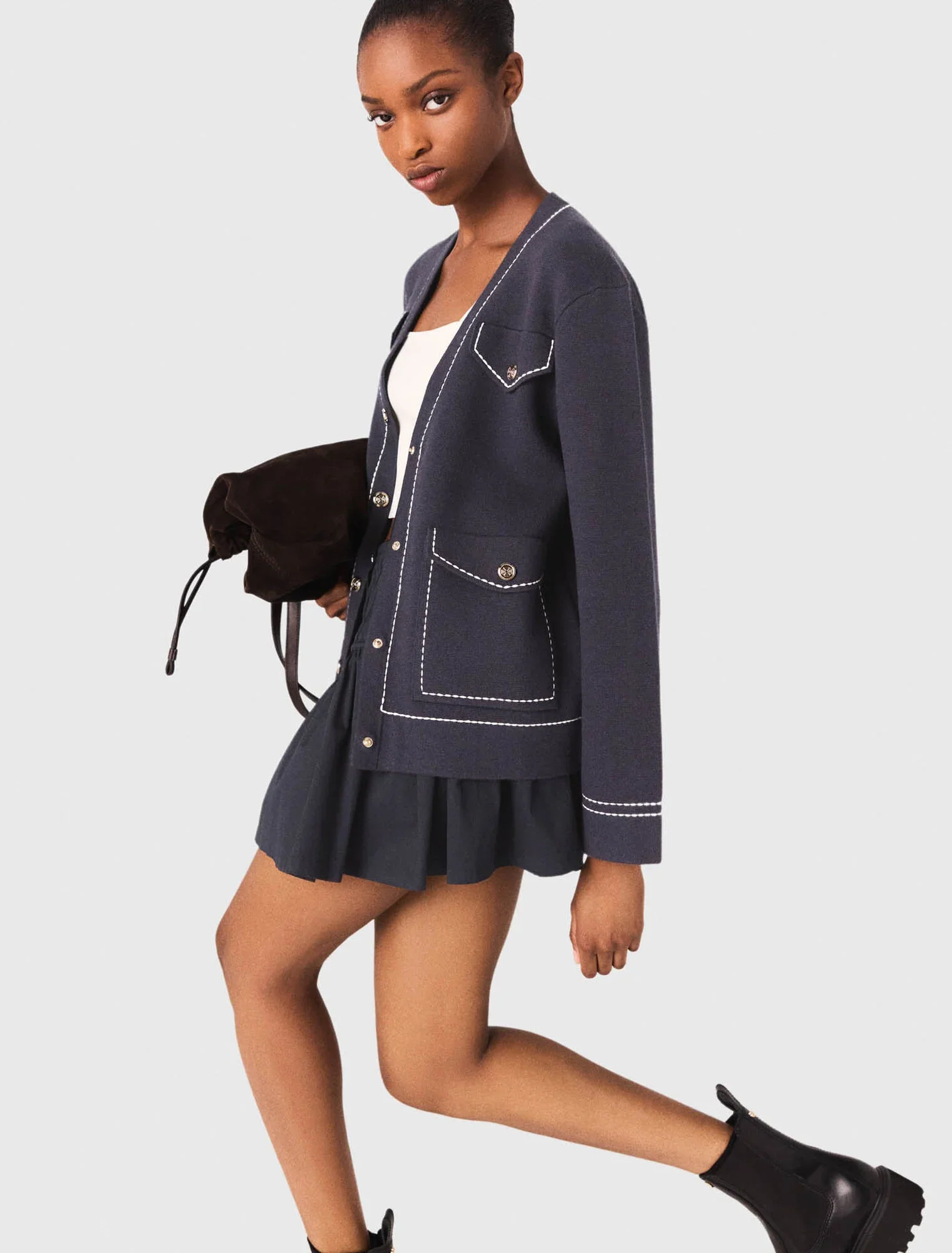 Long topstitched knit cardigan Navy - Image 4