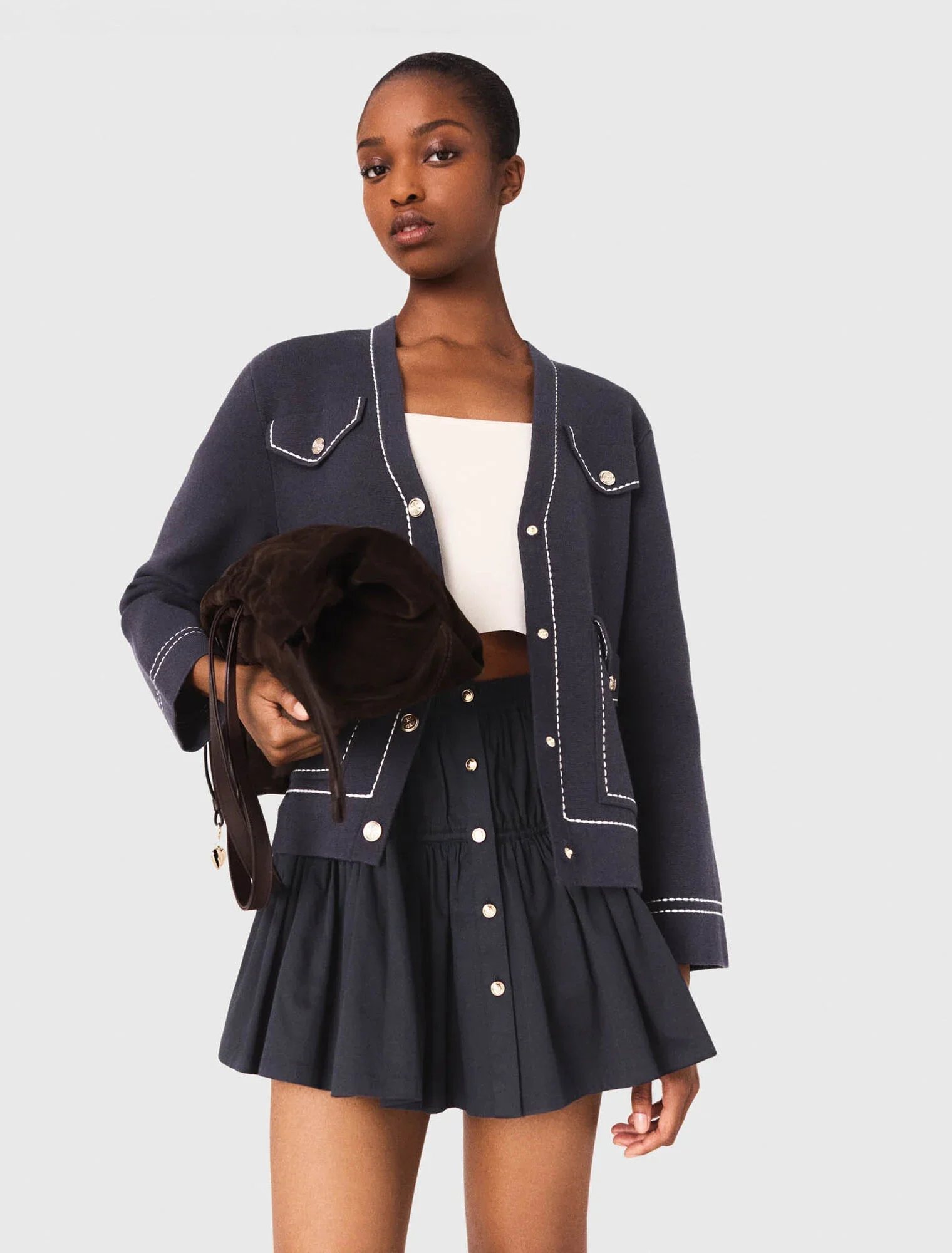 Long topstitched knit cardigan Navy - Image 5