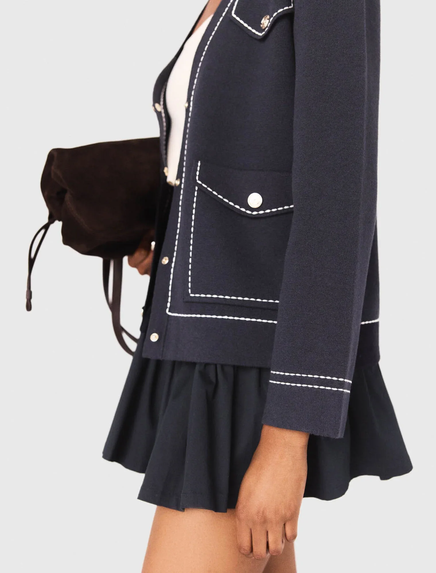 Long topstitched knit cardigan Navy - Image 6