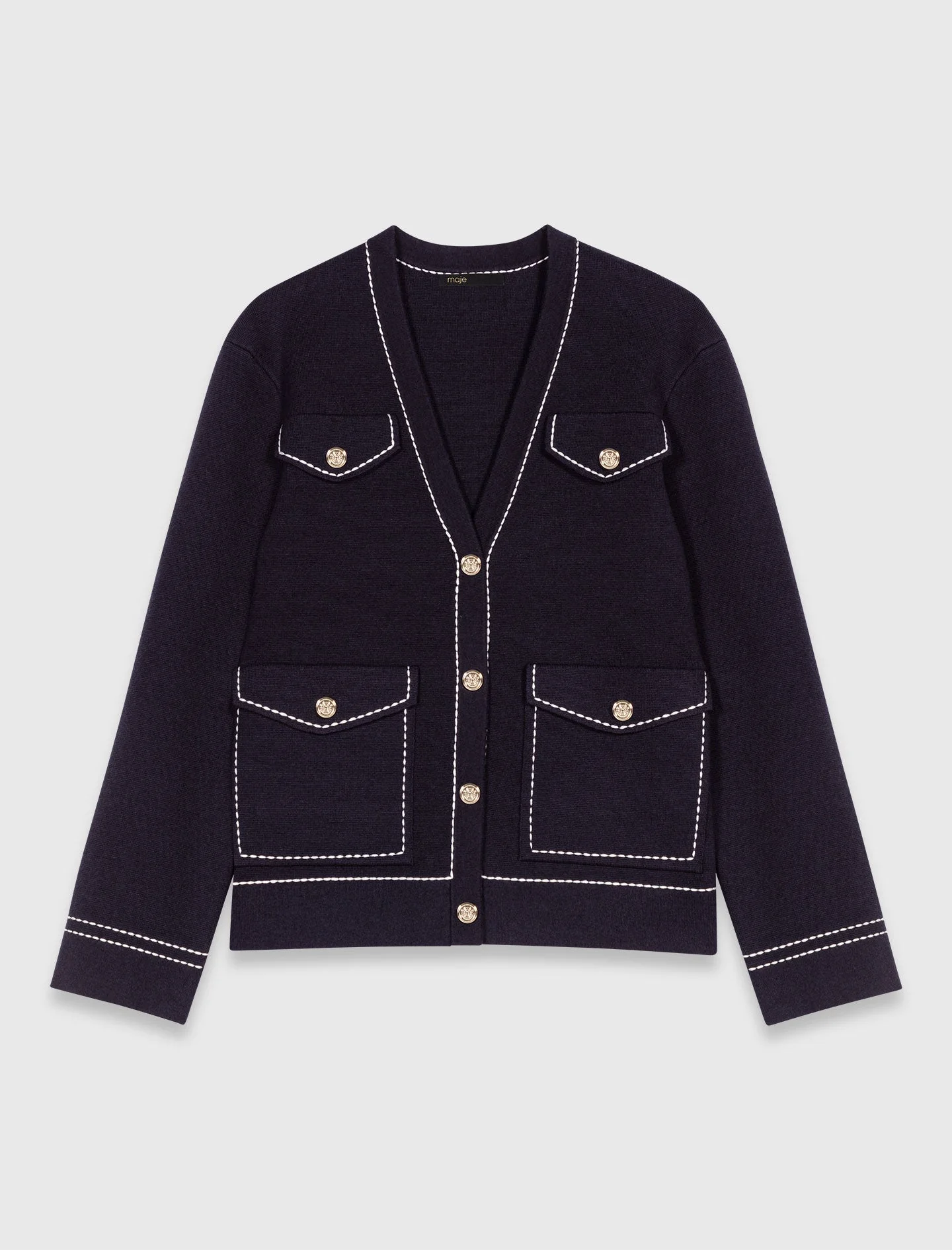 Long topstitched knit cardigan Navy - Image 7