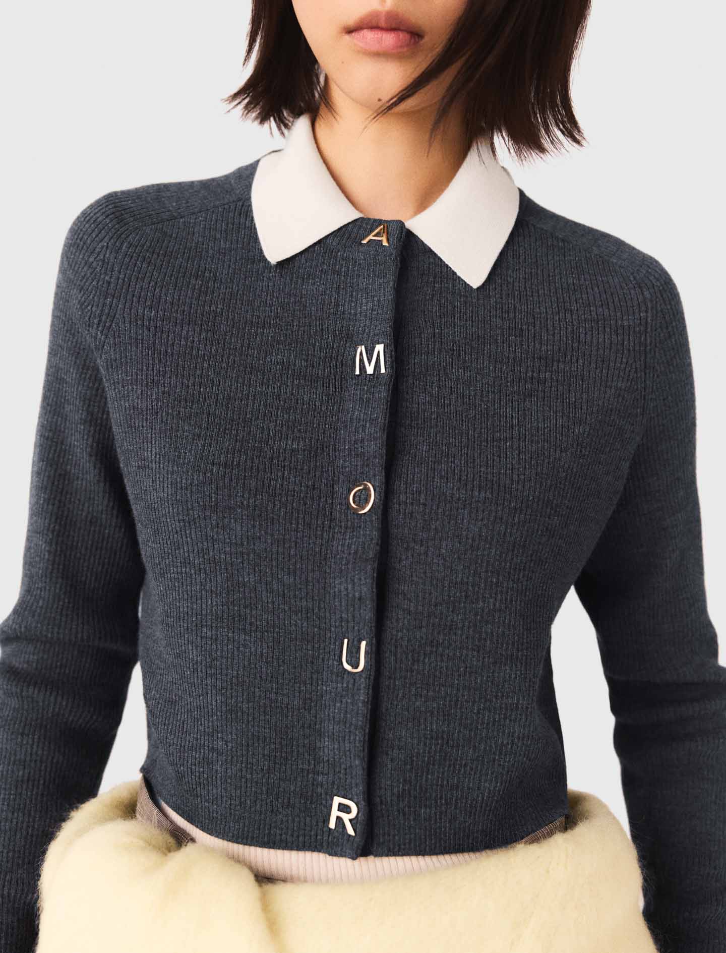 Round-Neck Rib Knit Cardigan Grey - Image 5