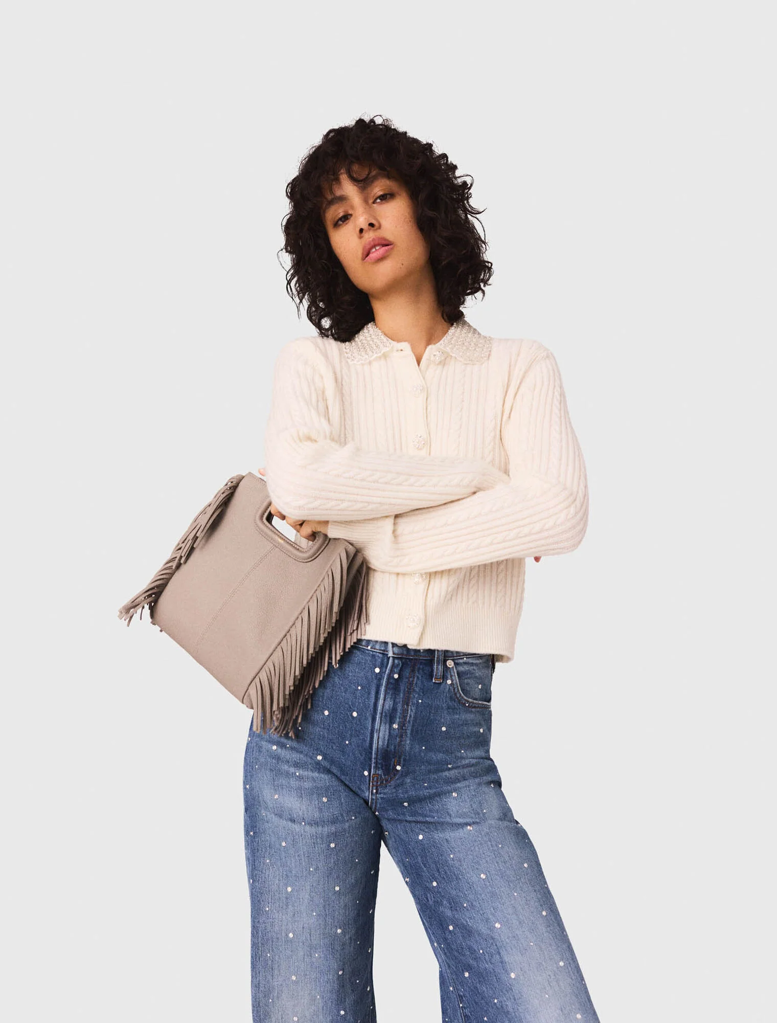 Knit cardigan with removable collar Ecru - Image 4