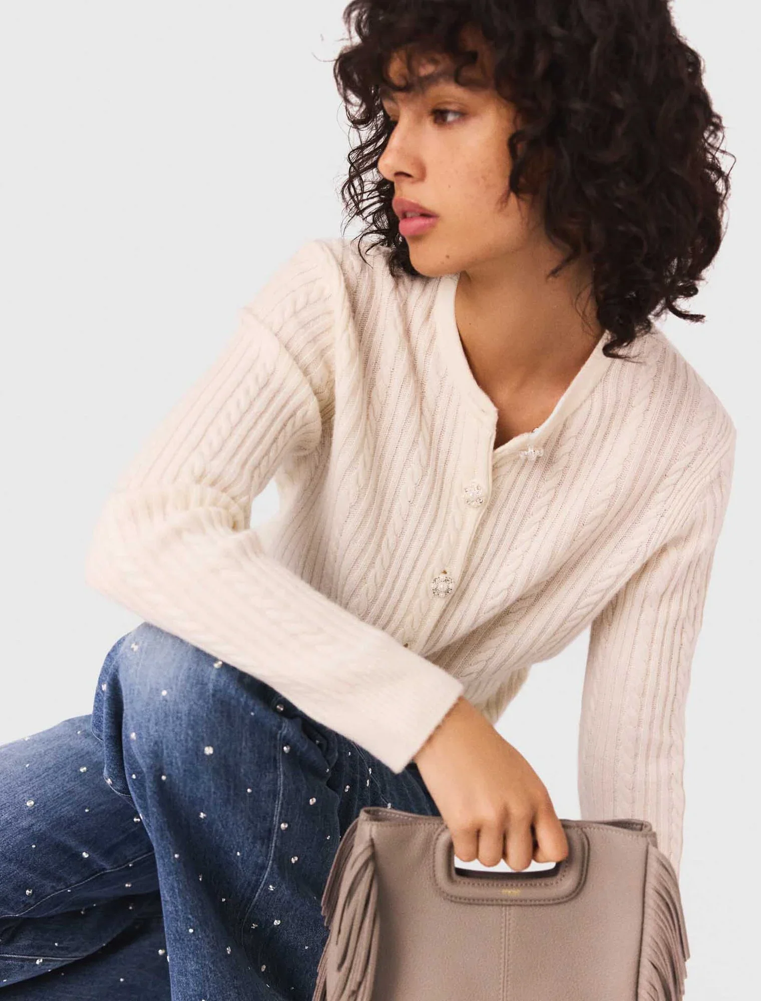 Knit cardigan with removable collar Ecru - Image 5