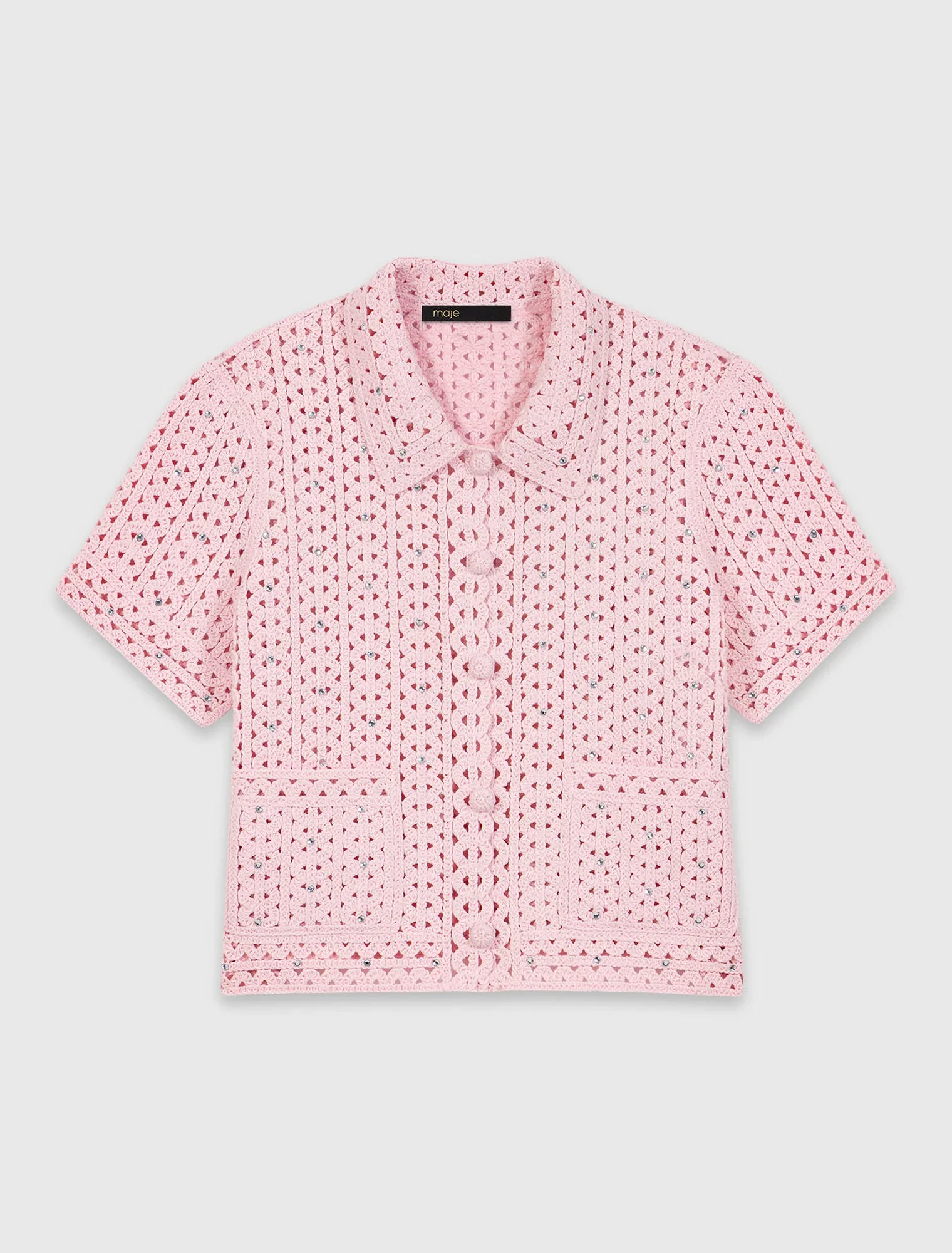 Rhinestone Crochet Polo Cardigan Pink - Image 7