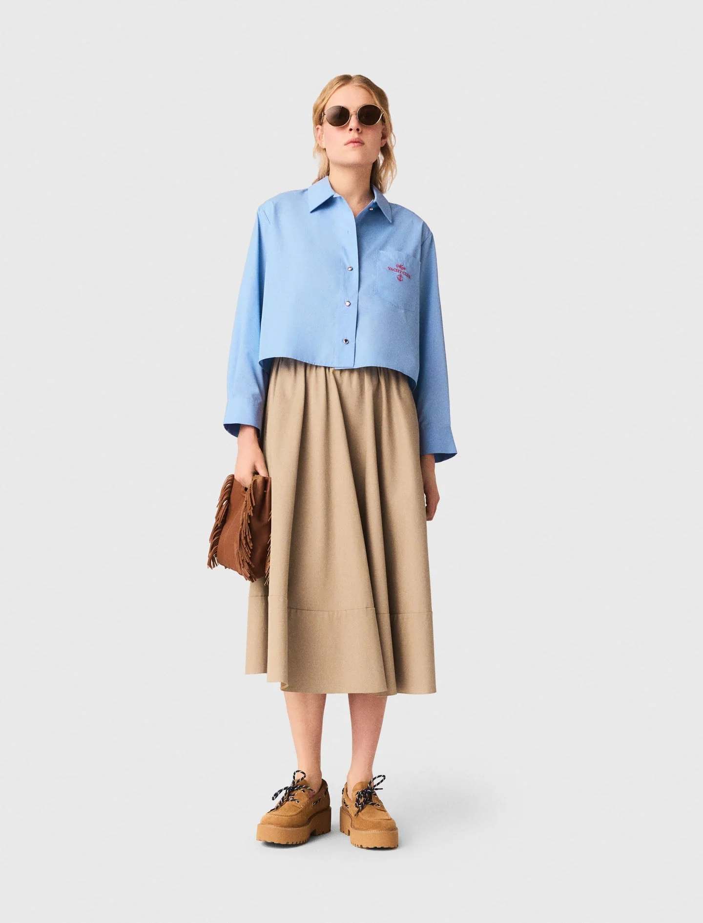 Pleated Back Embroidered Shirt Blue