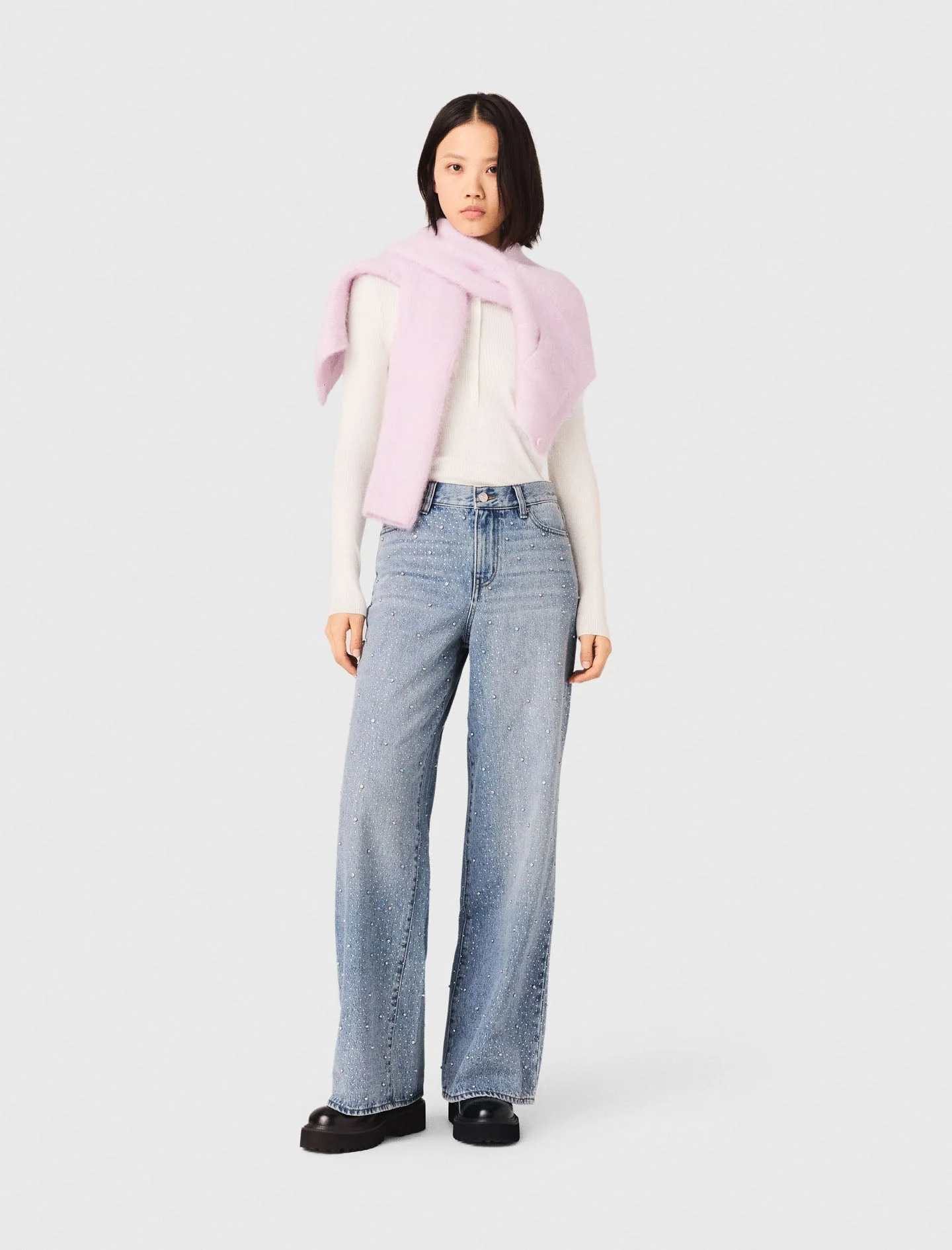 Wide-Leg All-Over Rhinestone Jeans Blue
