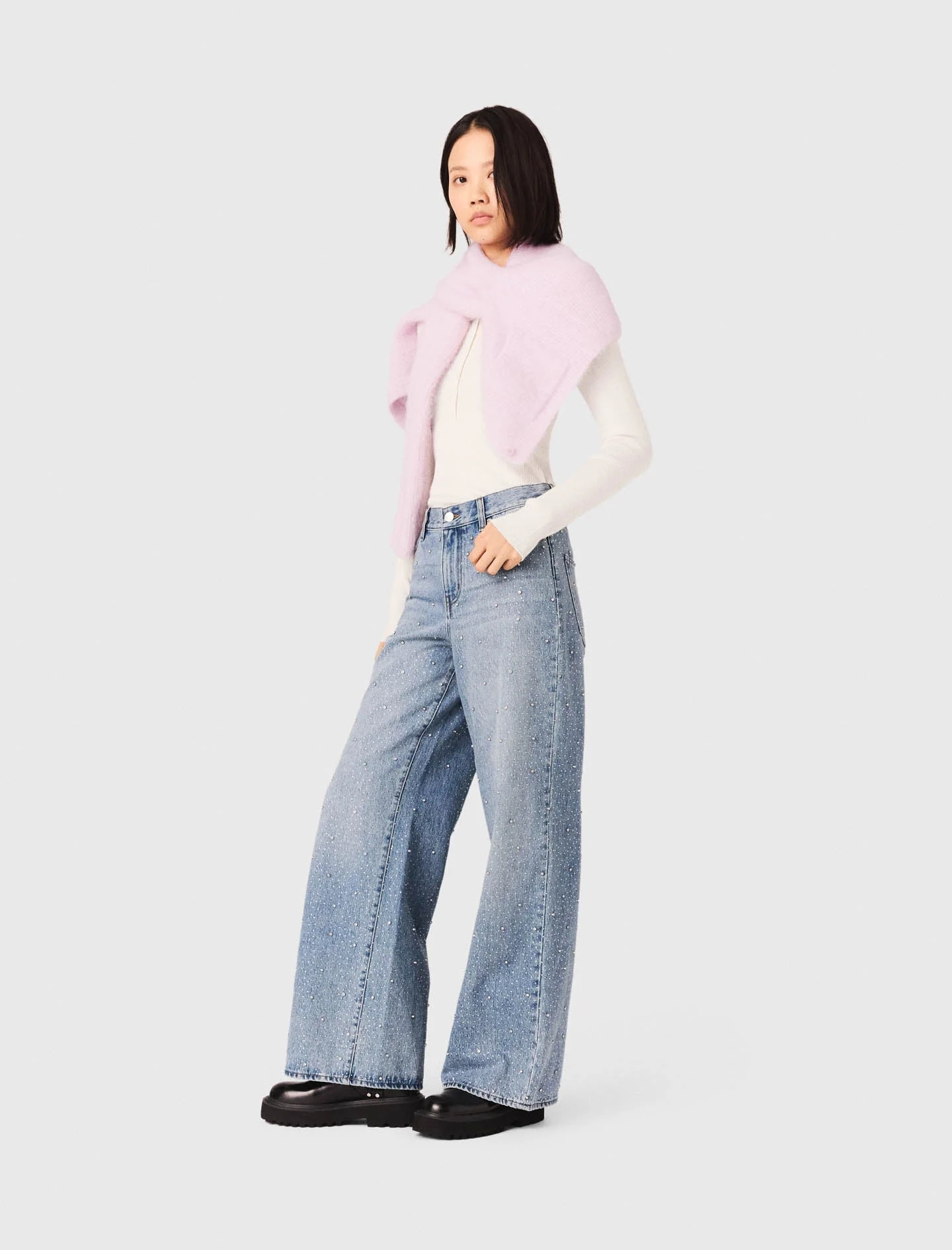 Wide-Leg All-Over Rhinestone Jeans Blue - Image 2
