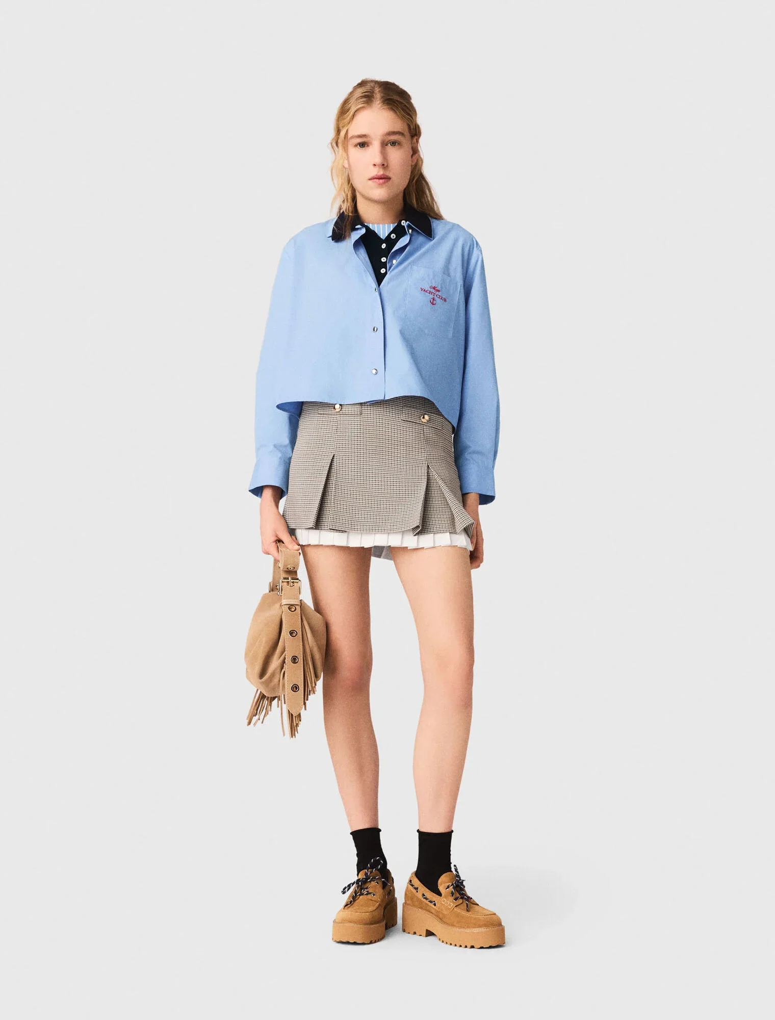 Pleated Skirt With Poplin Details Brown Checks