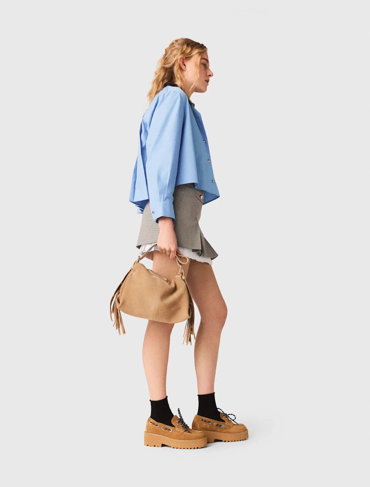 Pleated Skirt With Poplin Details Brown Checks - Image 2