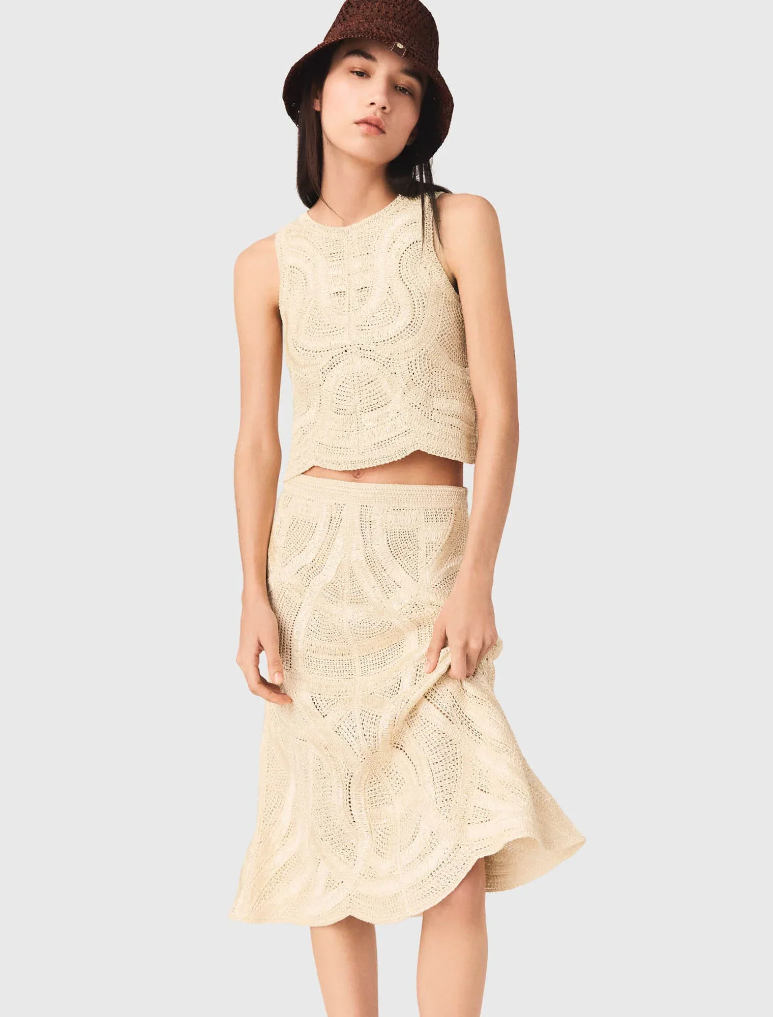 Long Crochet Skirt Beige - Image 4