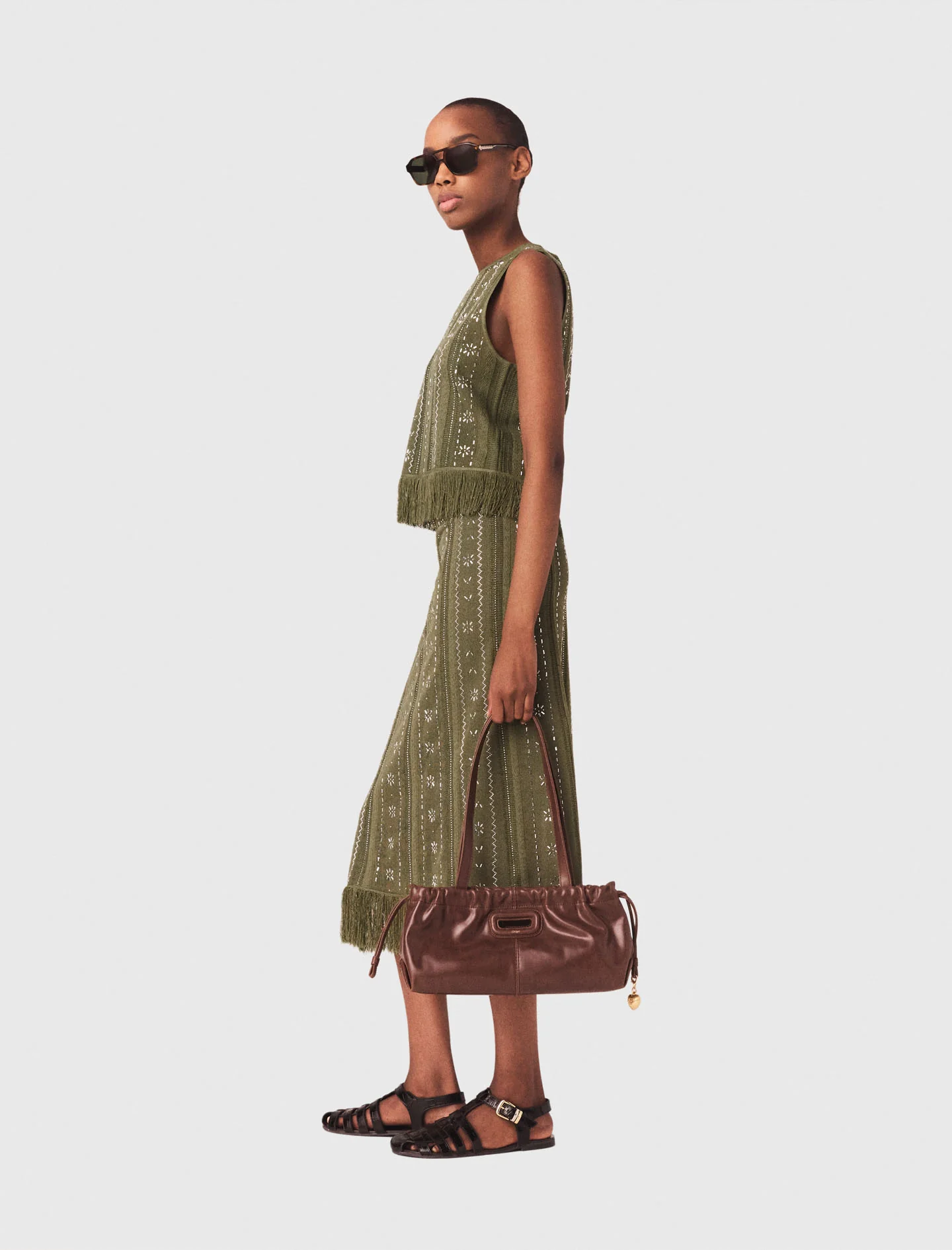 Knit Skirt With Rhinestone Flowers Khaki - Image 3