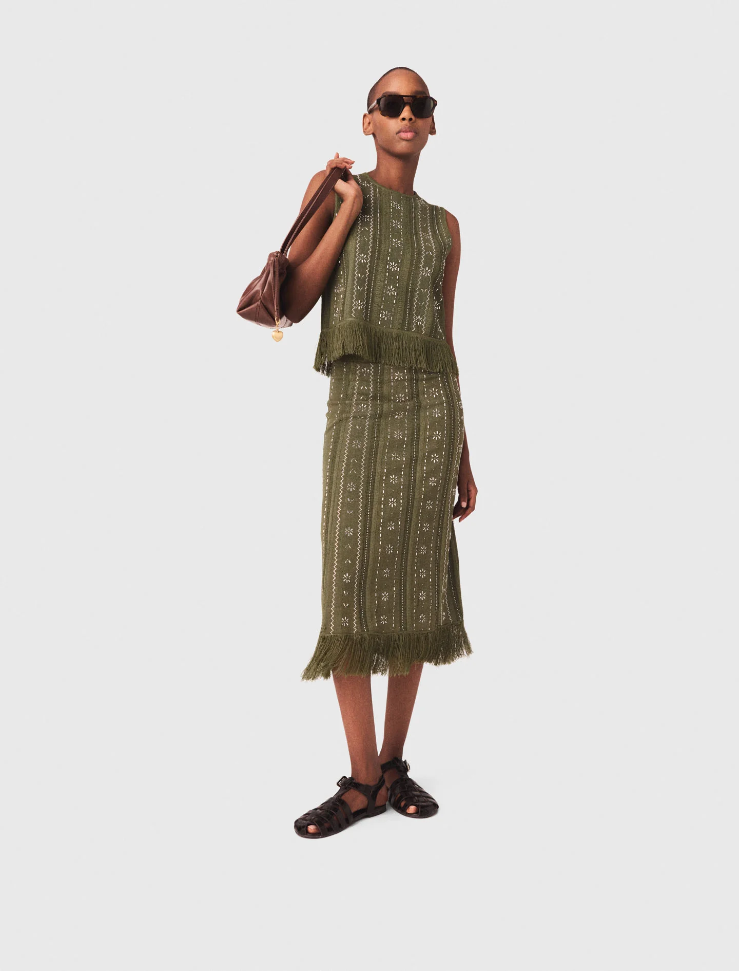Knit Skirt With Rhinestone Flowers Khaki - Image 4