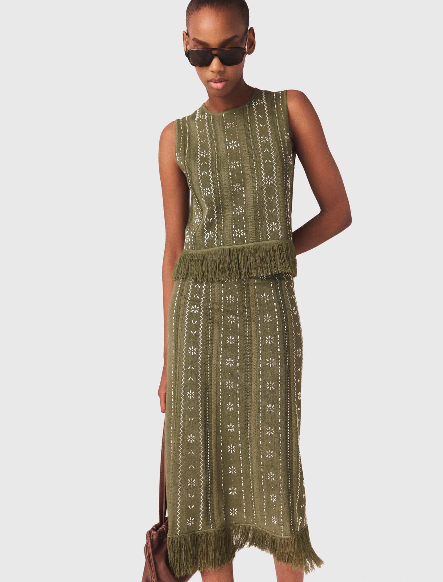 Knit Skirt With Rhinestone Flowers Khaki - Image 5