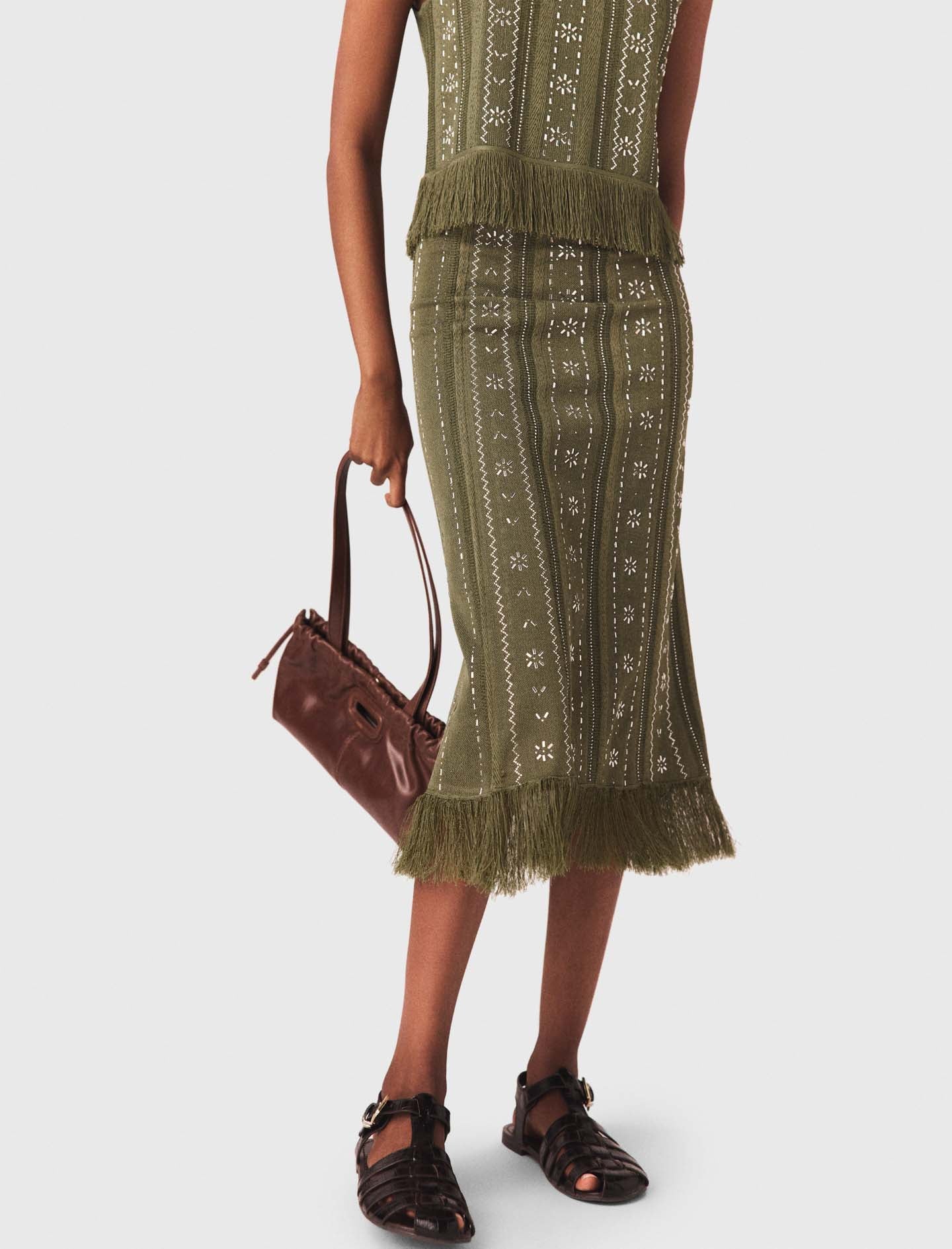 Knit Skirt With Rhinestone Flowers Khaki - Image 6