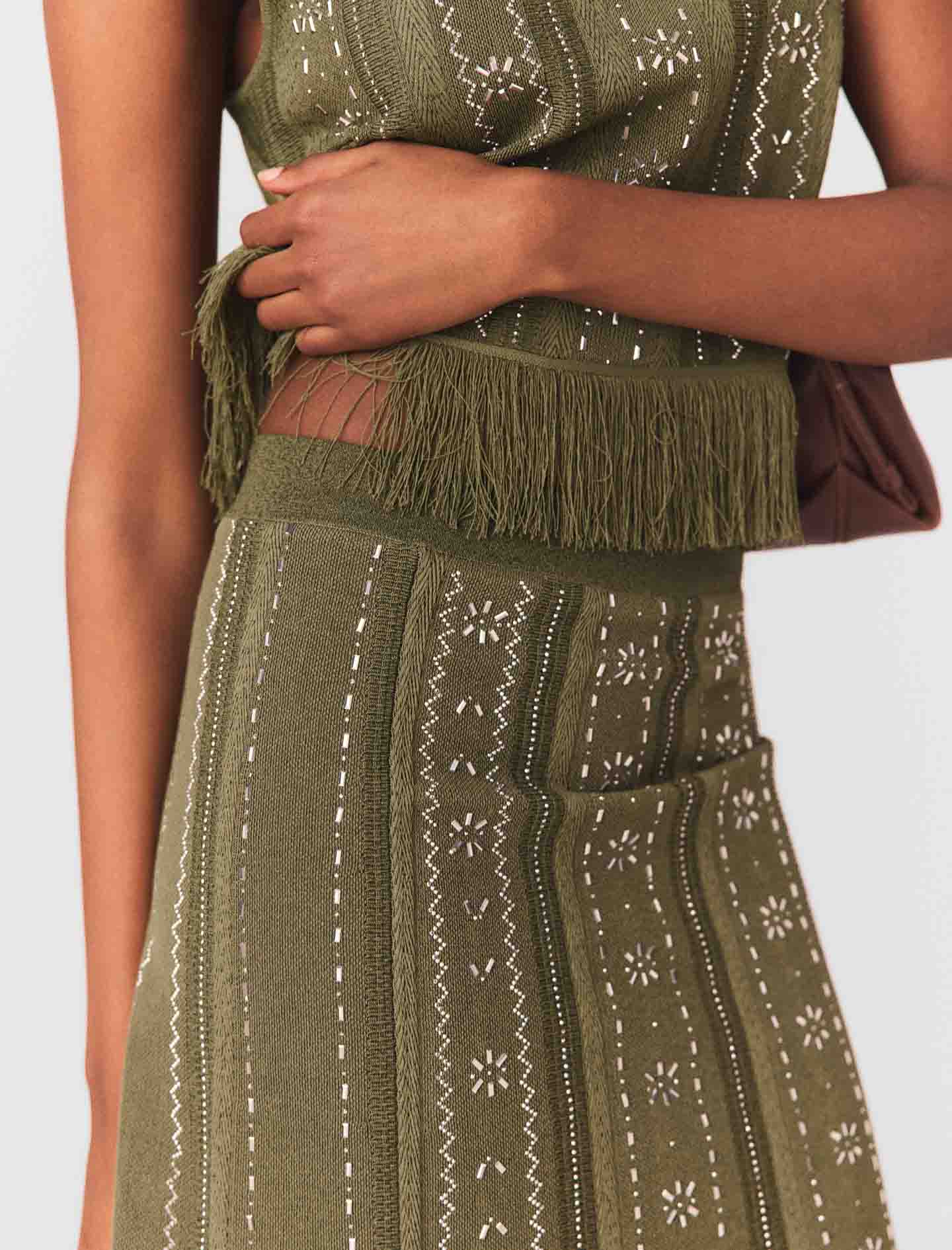 Knit Skirt With Rhinestone Flowers Khaki - Image 7