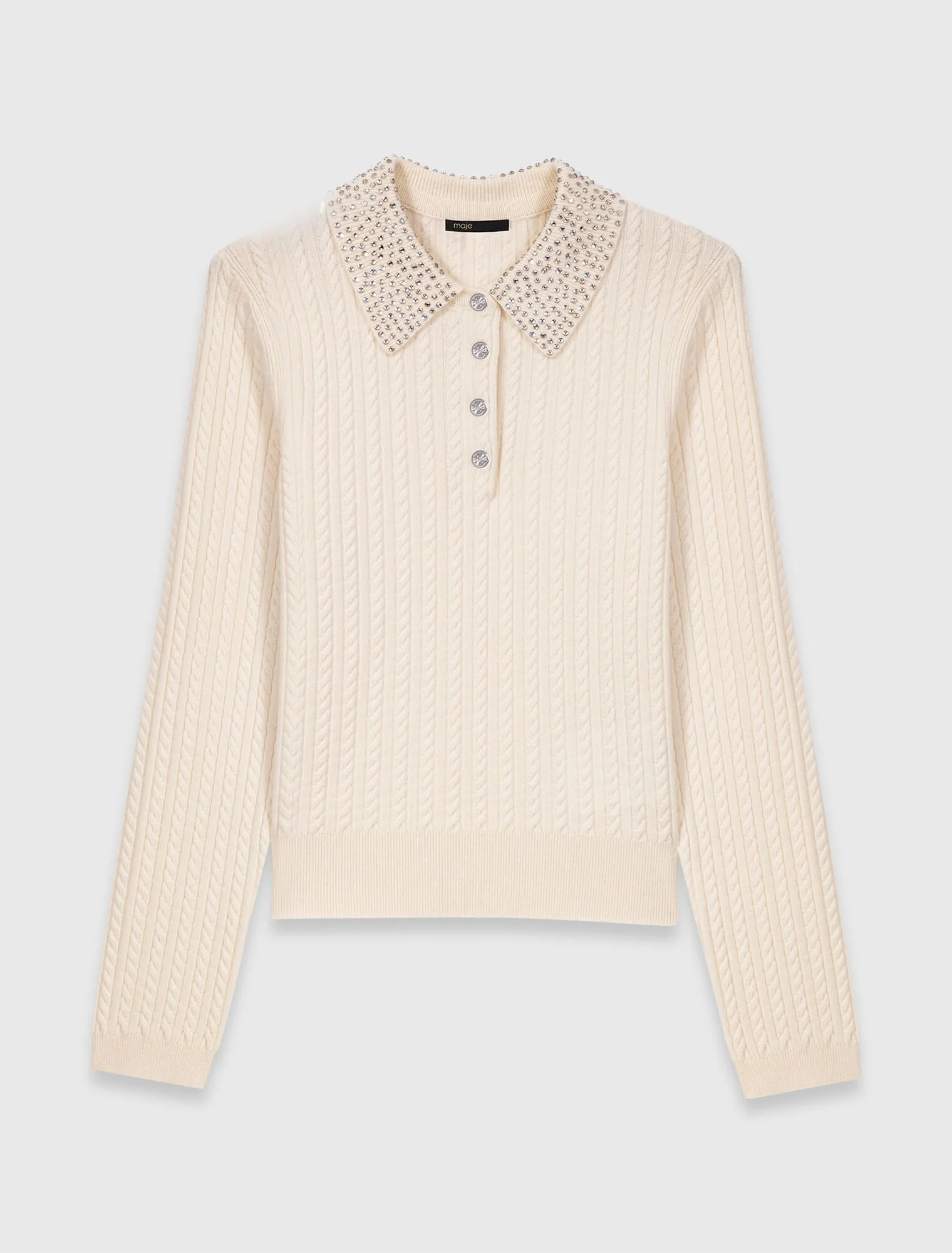 Knit polo shirt with rhinestone collar Ecru - Image 7