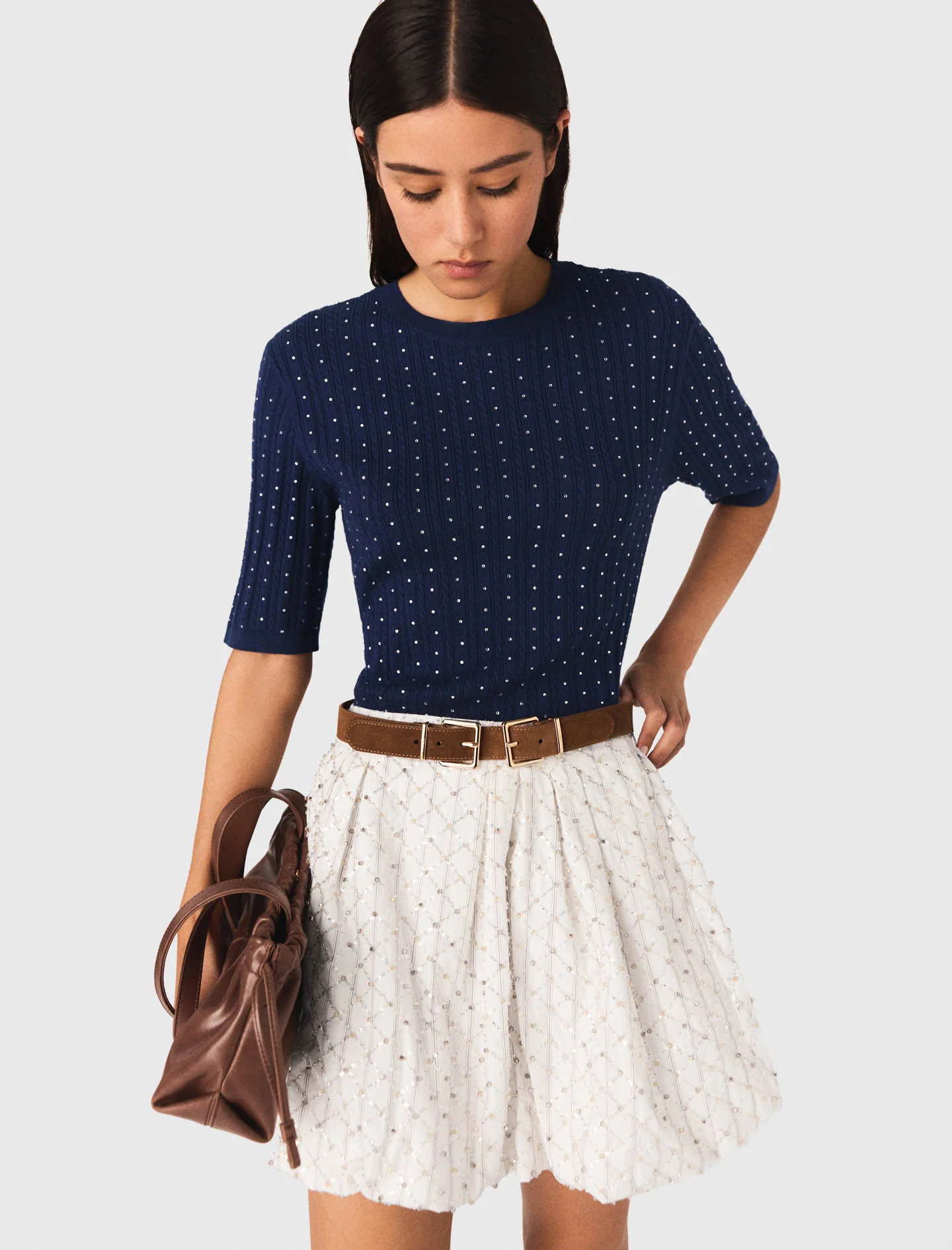 Round-Neck Rhinestone Jumper Navy - Image 4