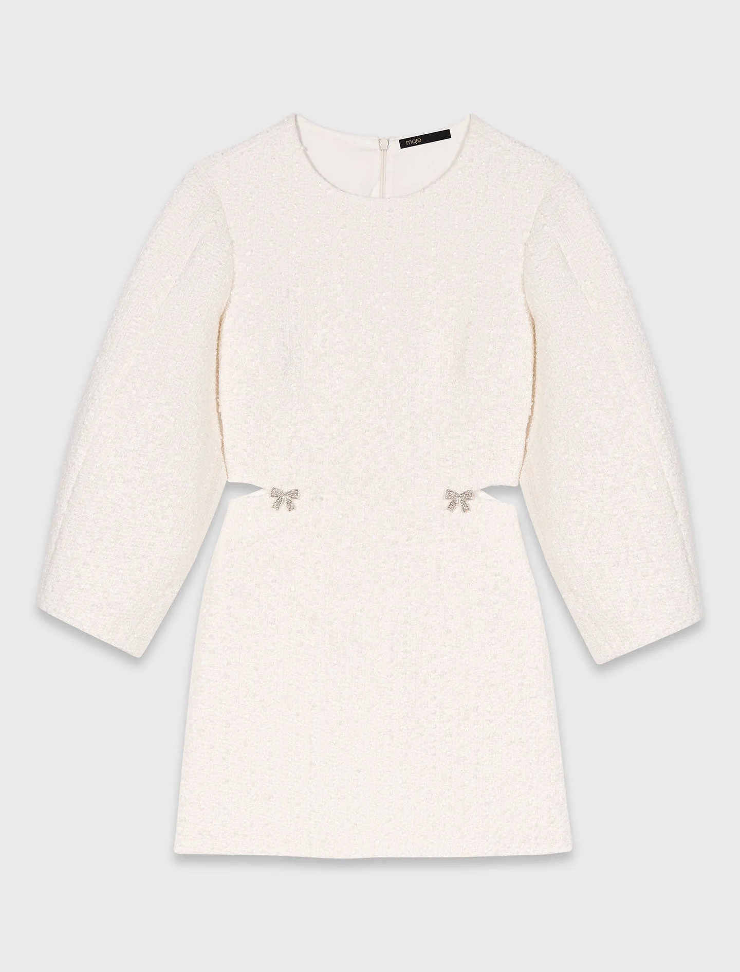 Short Balloon-Sleeve Tweed Dress Ecru - Image 6