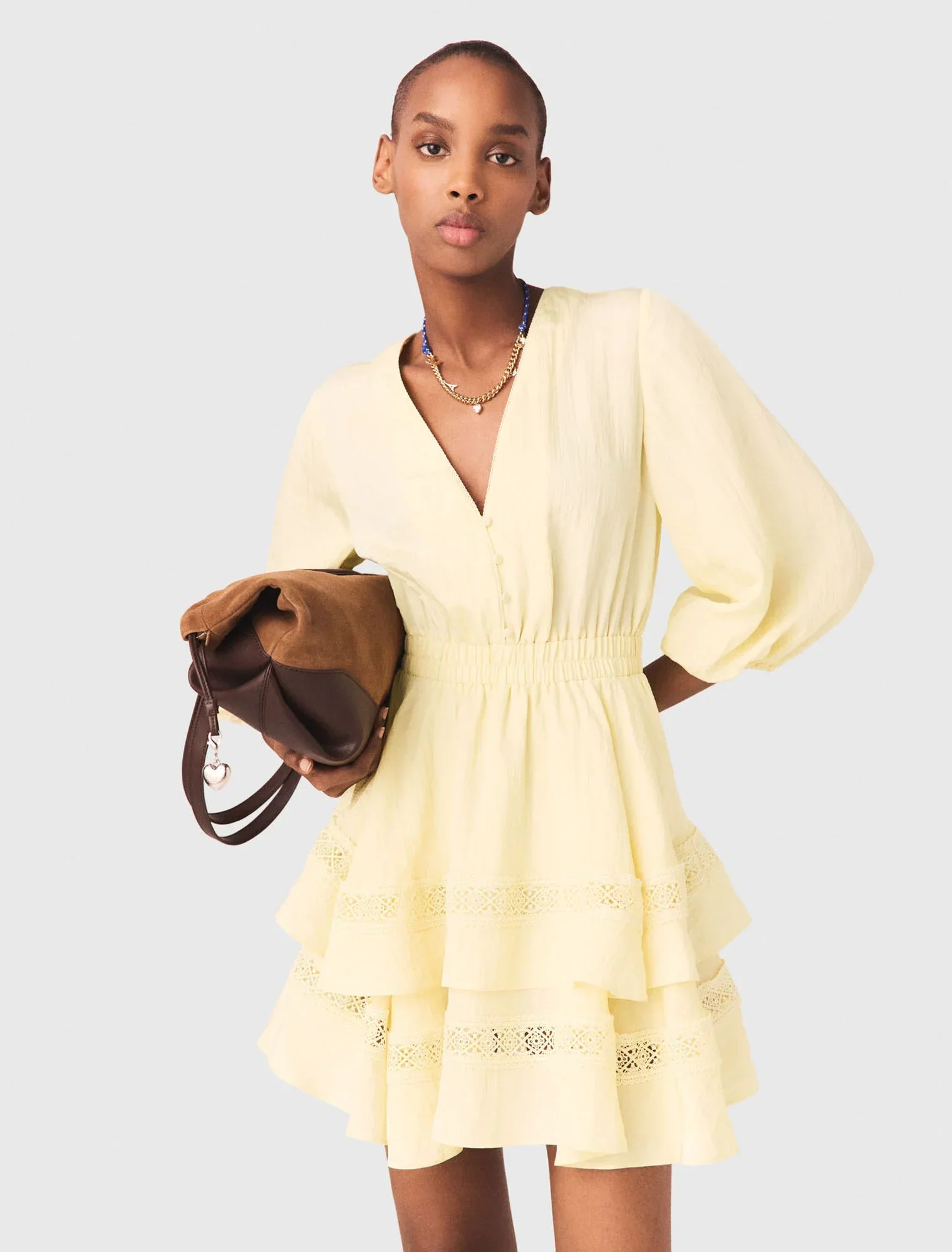 Short Ruffled Dress Pale Yellow - Image 4
