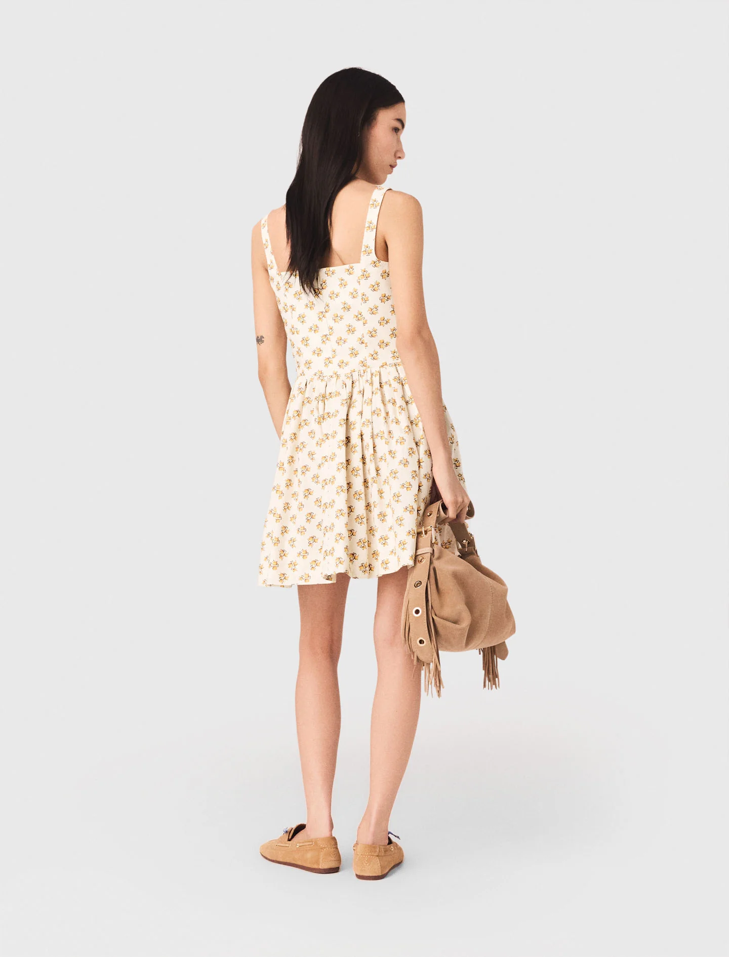 Short Flared Patterned Dress Yellow Small Flowers Print - Image 2