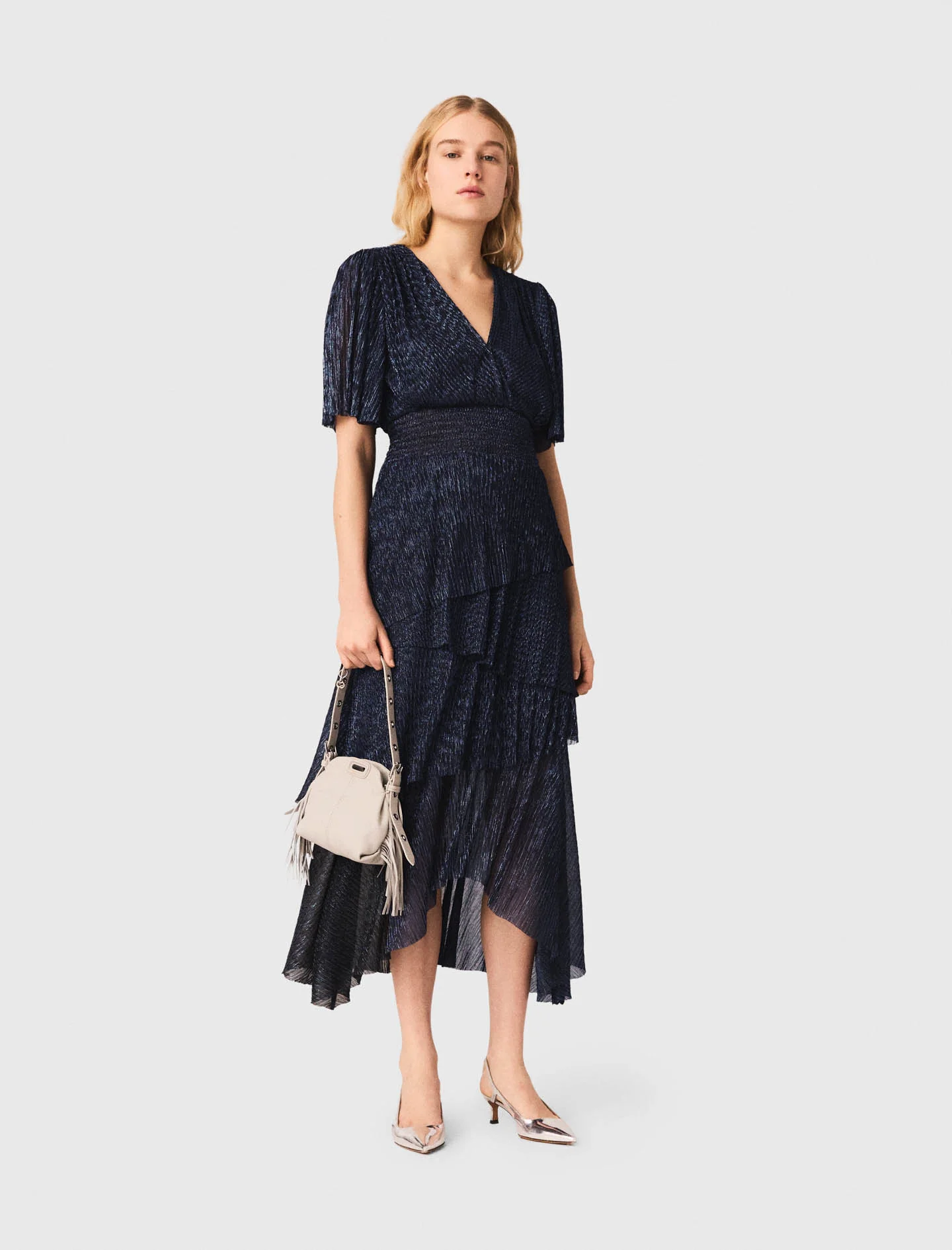 Metallic Ruffled Midi Dress Navy