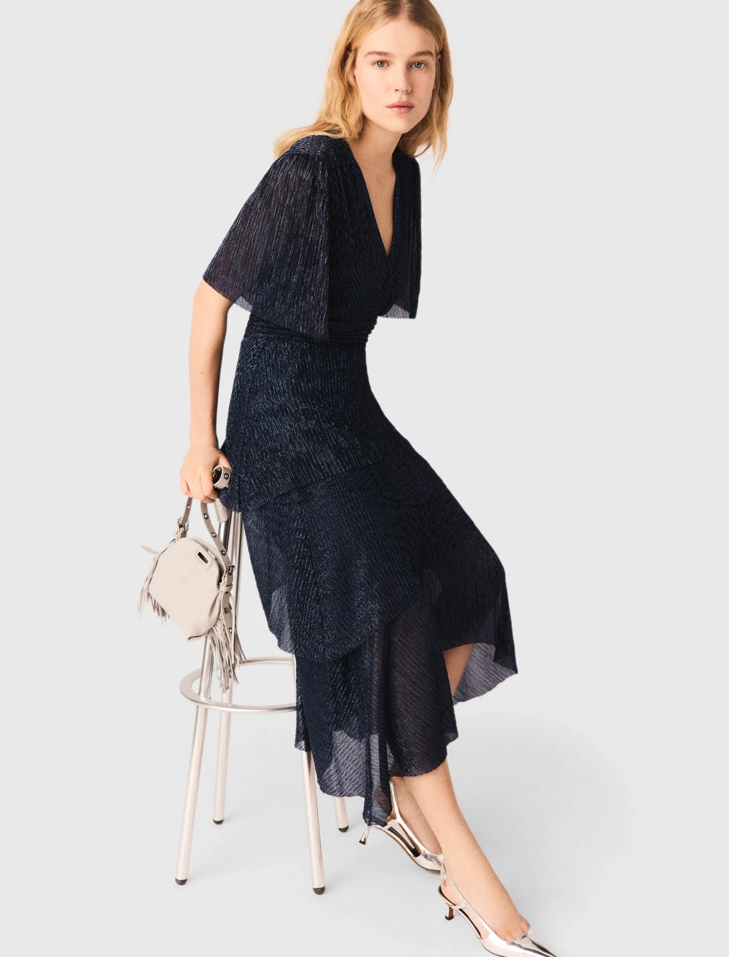 Metallic Ruffled Midi Dress Navy - Image 4