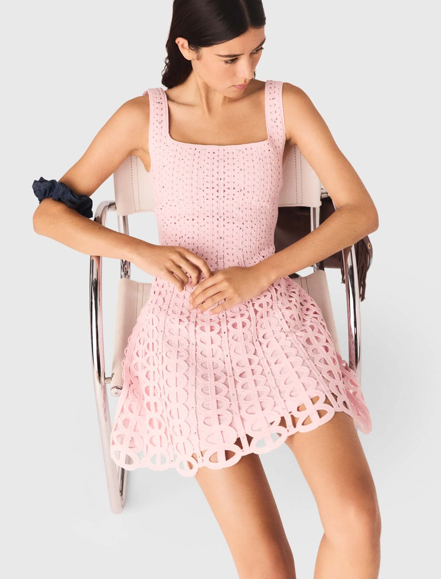 Short Rhinestone Crochet Dress Pink - Image 6