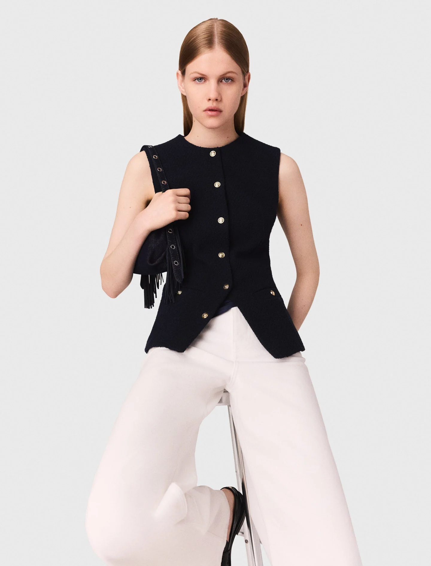 Long sleeveless tweed jacket Navy - Image 5