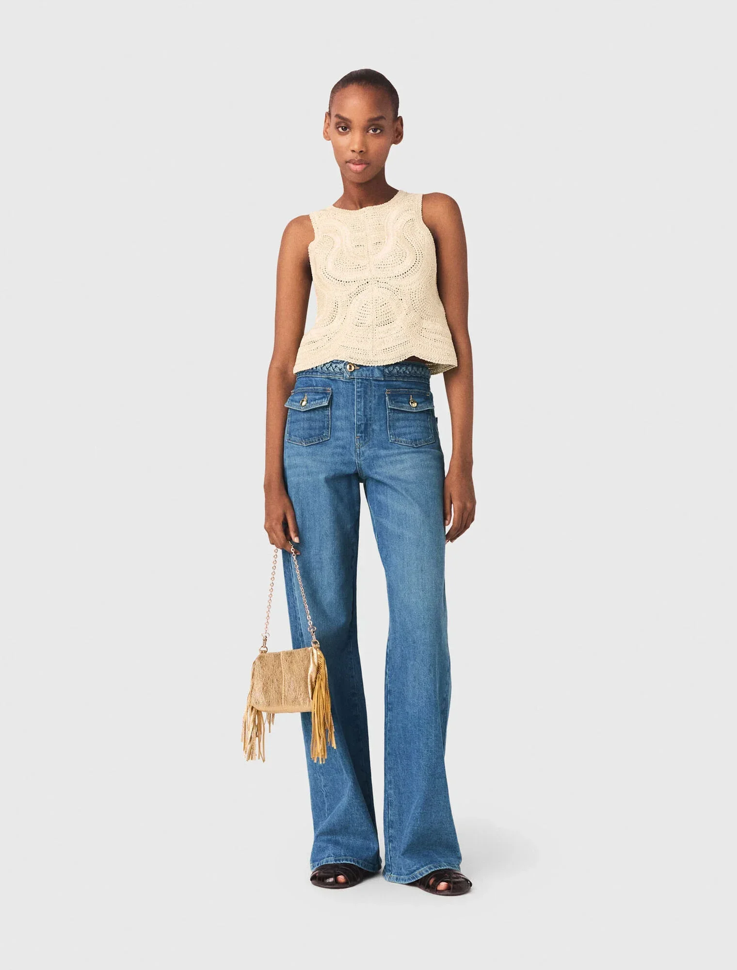 Sleeveless Crochet-Knit Top Beige - Image 5