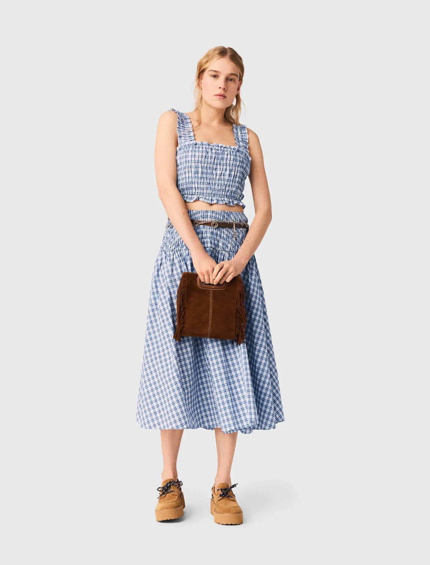 Smocked Rhinestone Cotton Top Blue Check Print