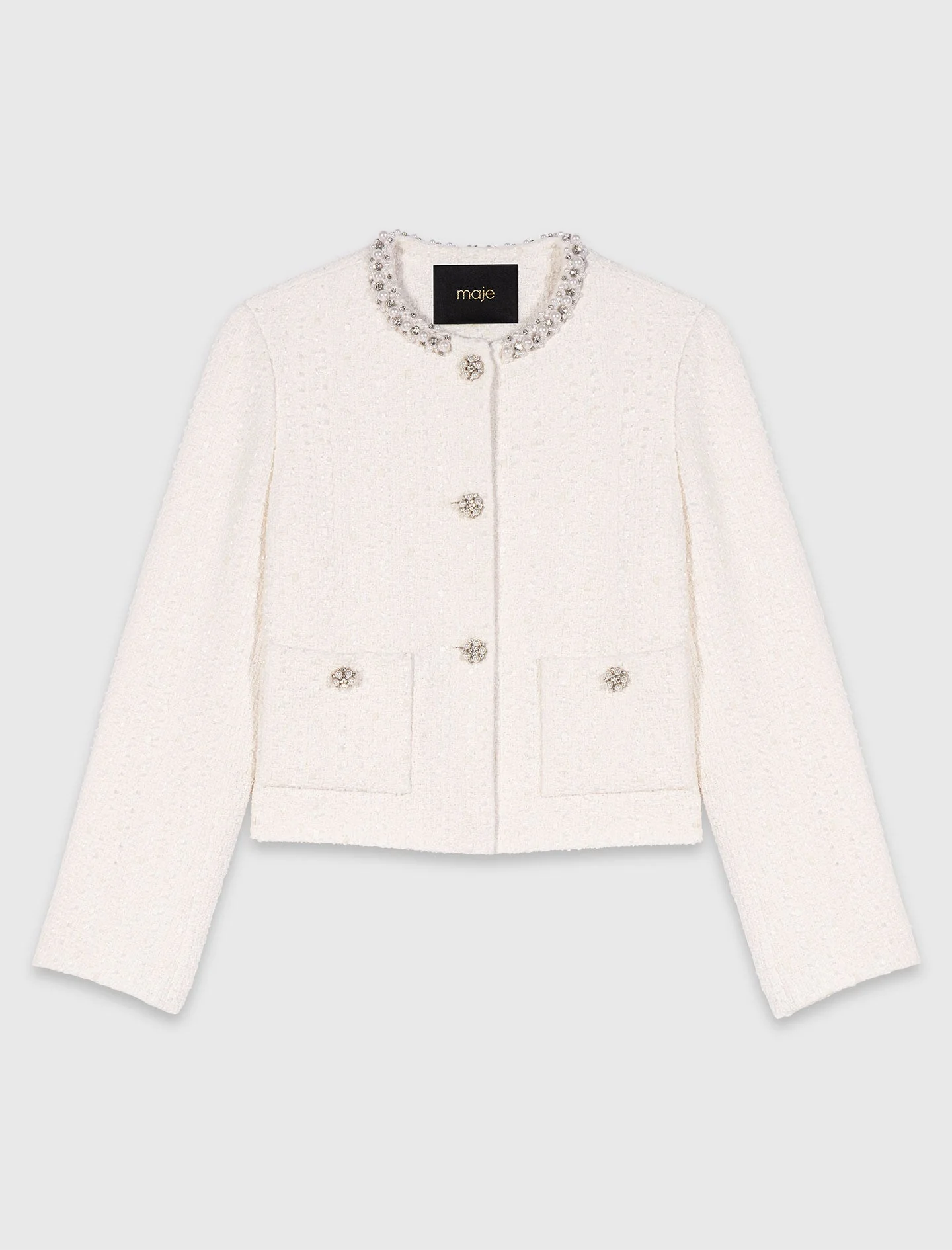 Pearl-Trimmed Tweed Jacket Ecru - Image 6