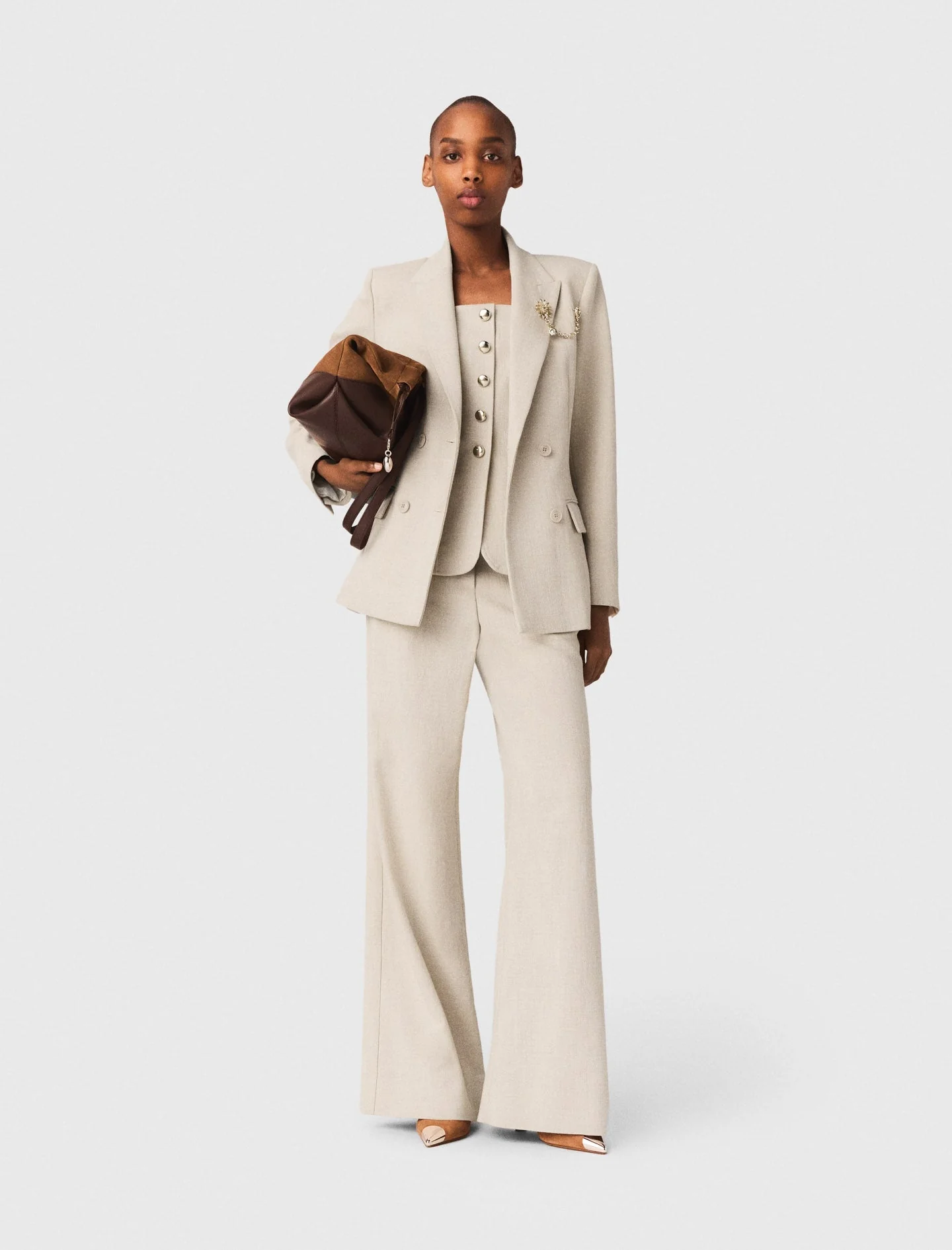 Suit Jacket With Brooch Beige