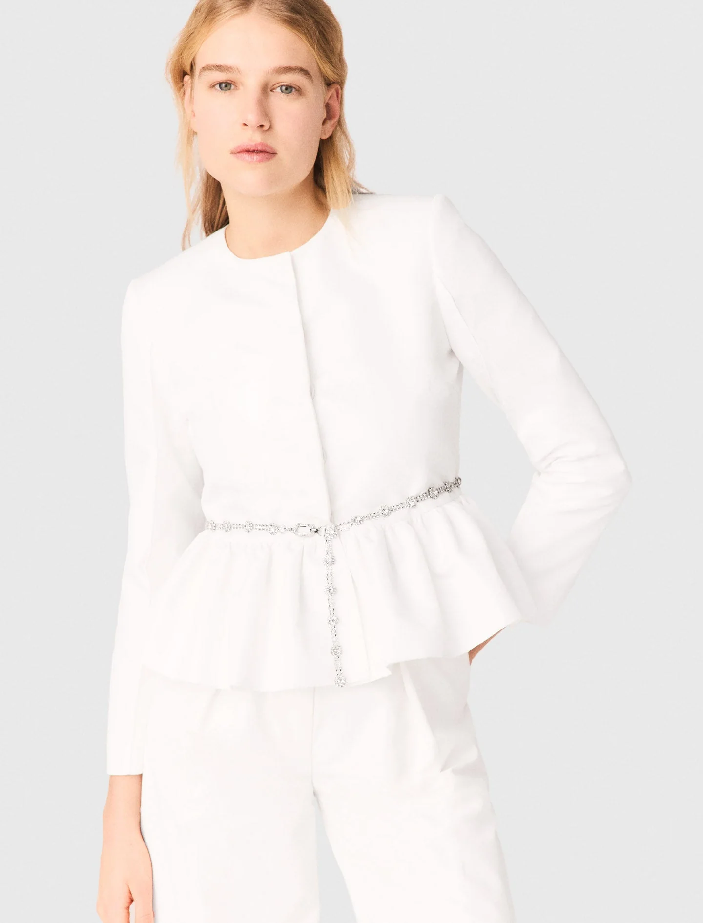 Cropped Jacket With Jewelled Belt White - Image 6