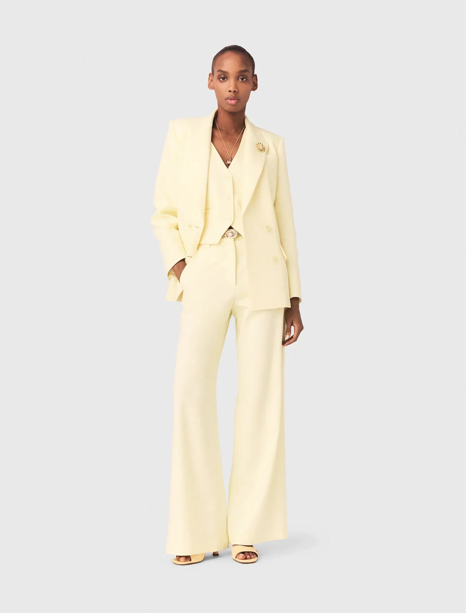 Double-Breasted Suit Jacket Pale Yellow - Image 5