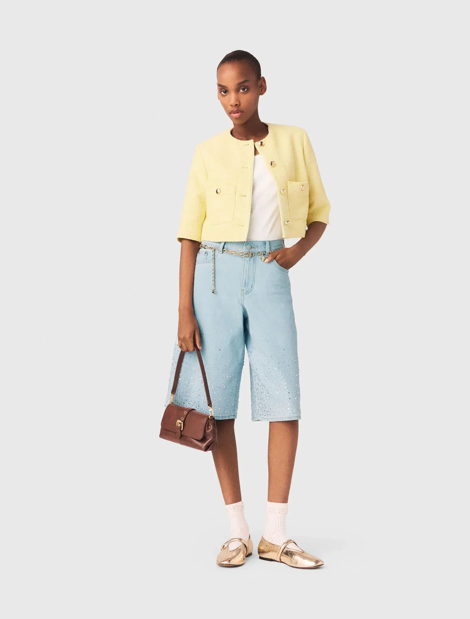 Short-Sleeved Tweed Jacket Pale Yellow